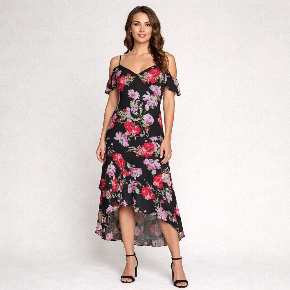 Floral High Low Dress Women Medium Black Pink Romantic Feminine Wedding Guest